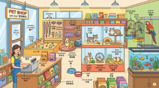 Pet shop vocabulary illustration AI image generation showcase