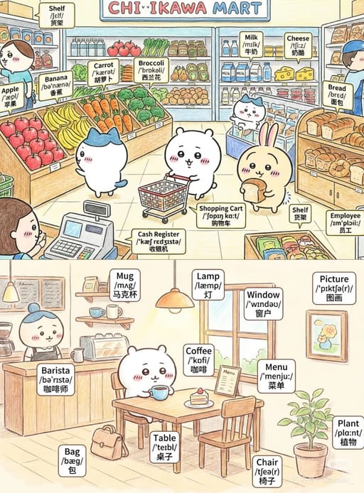 Cute supermarket vocabulary illustration AI image generation showcase
