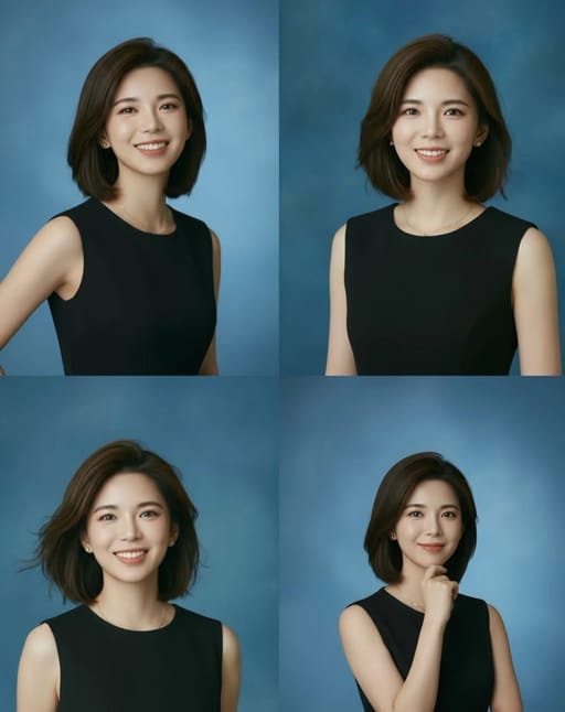 Four-panel studio portrait AI image generation showcase